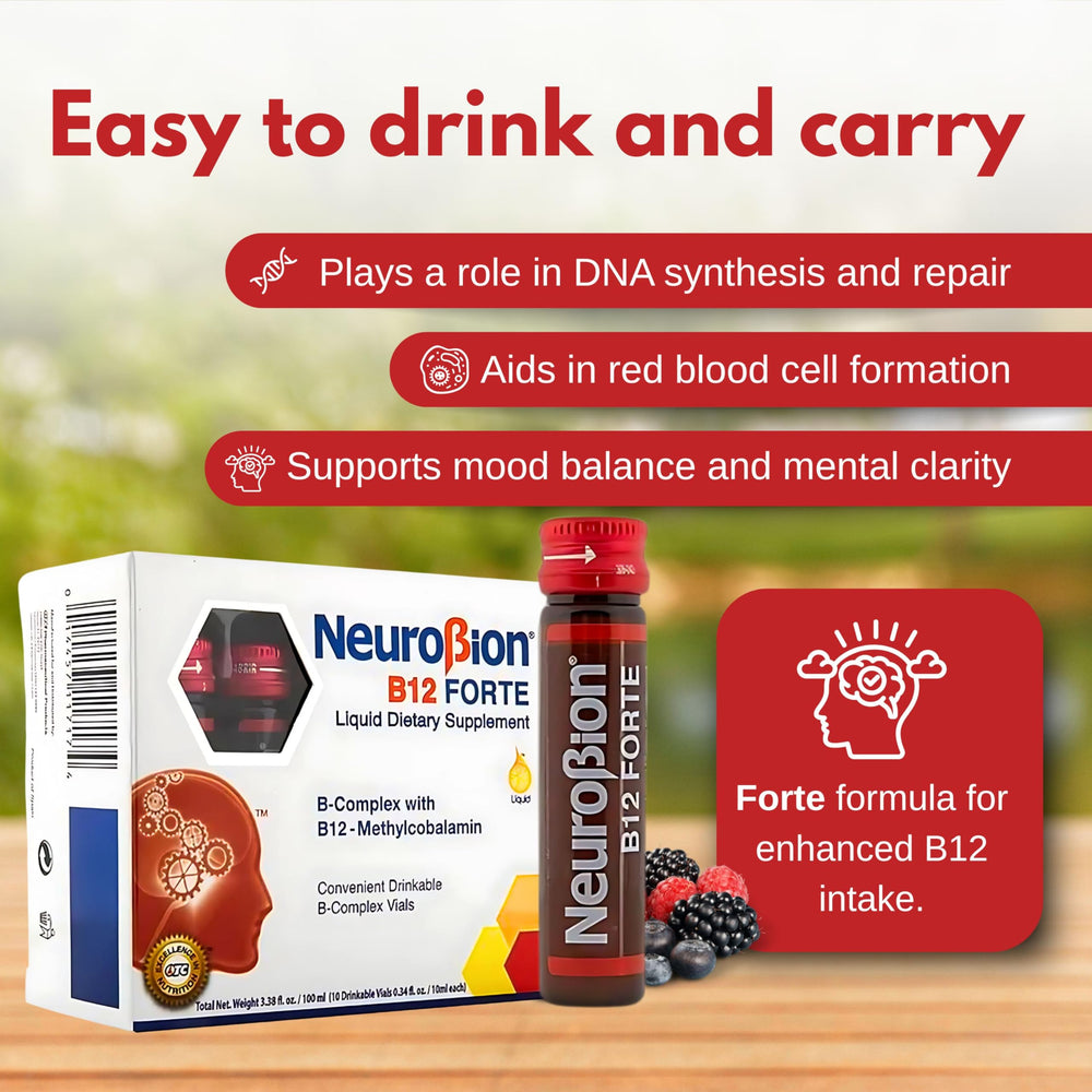 Clear Neurobion B12 Forte label detail outlining ingredients and dosage.