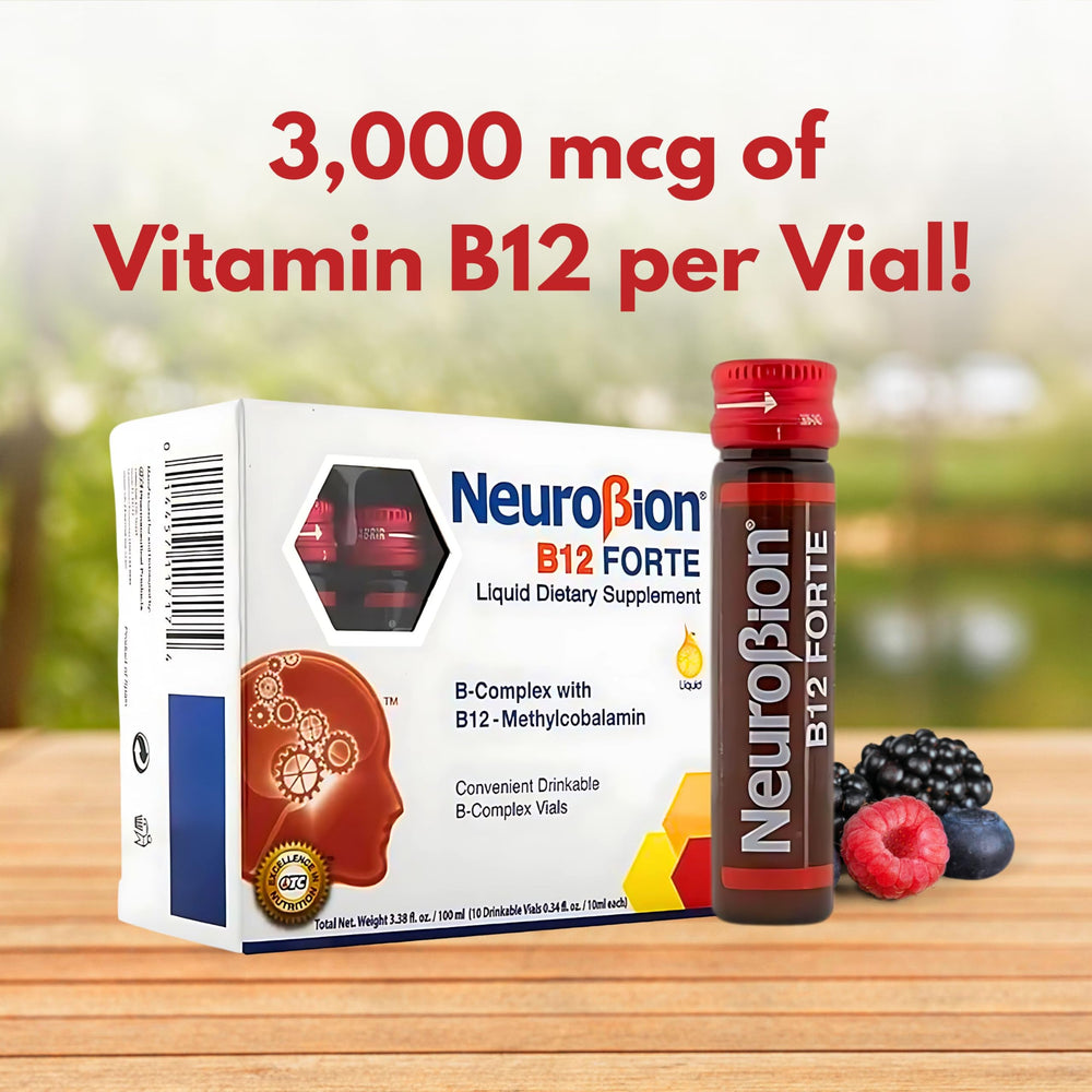 Neurobion B12 Forte vial pouring used in on-the-go routines.
