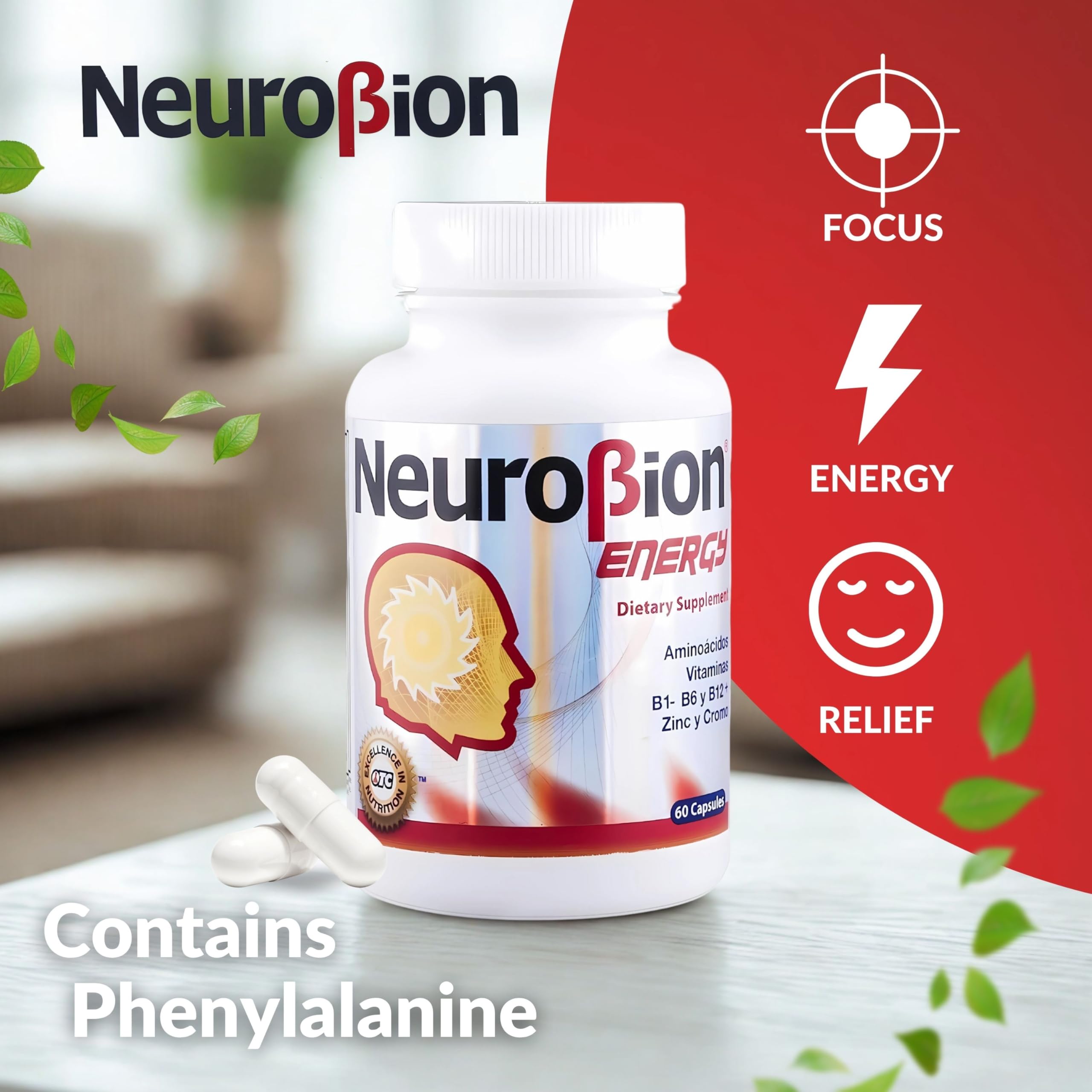 Neurobion Energy bottle label highlights zinc and chromium for metabolism.