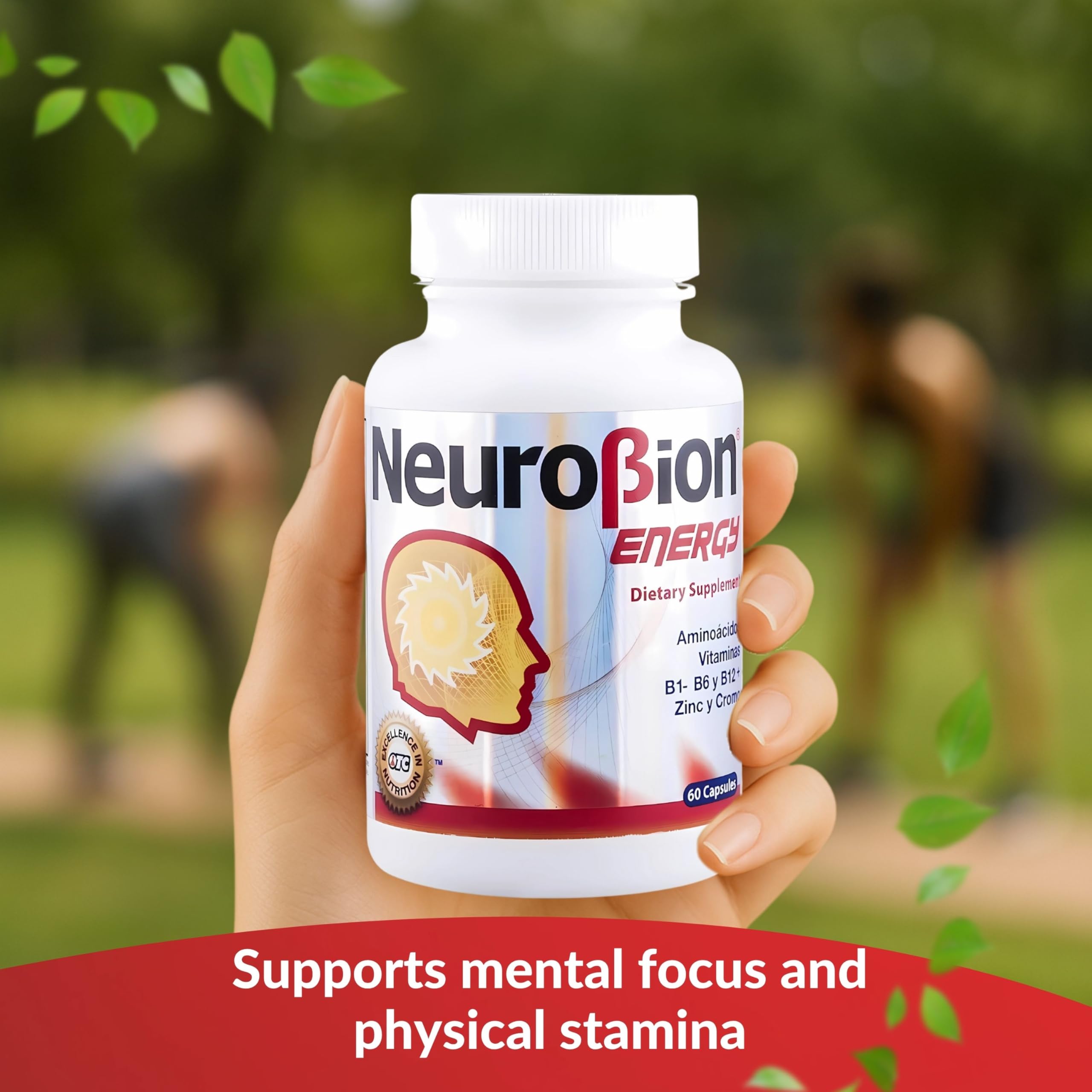 Neurobion Energy bottle on desk beside glass for daily routine.