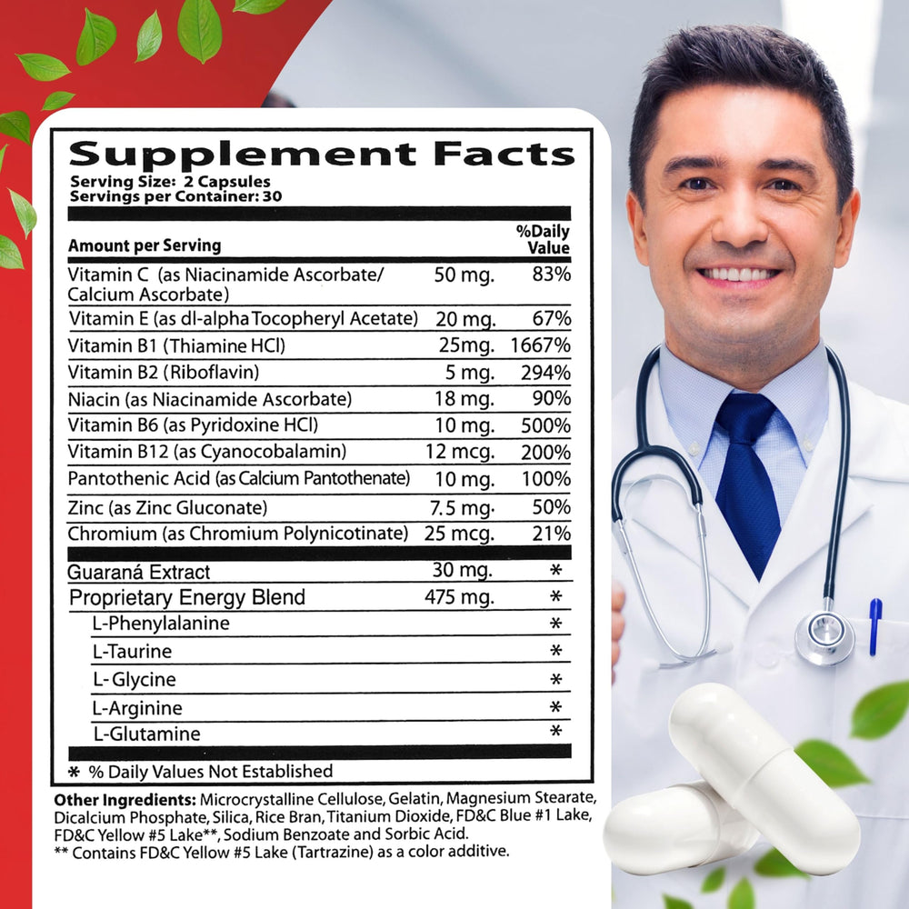 Neurobion Energy capsules close-up highlights B vitamins for alertness.