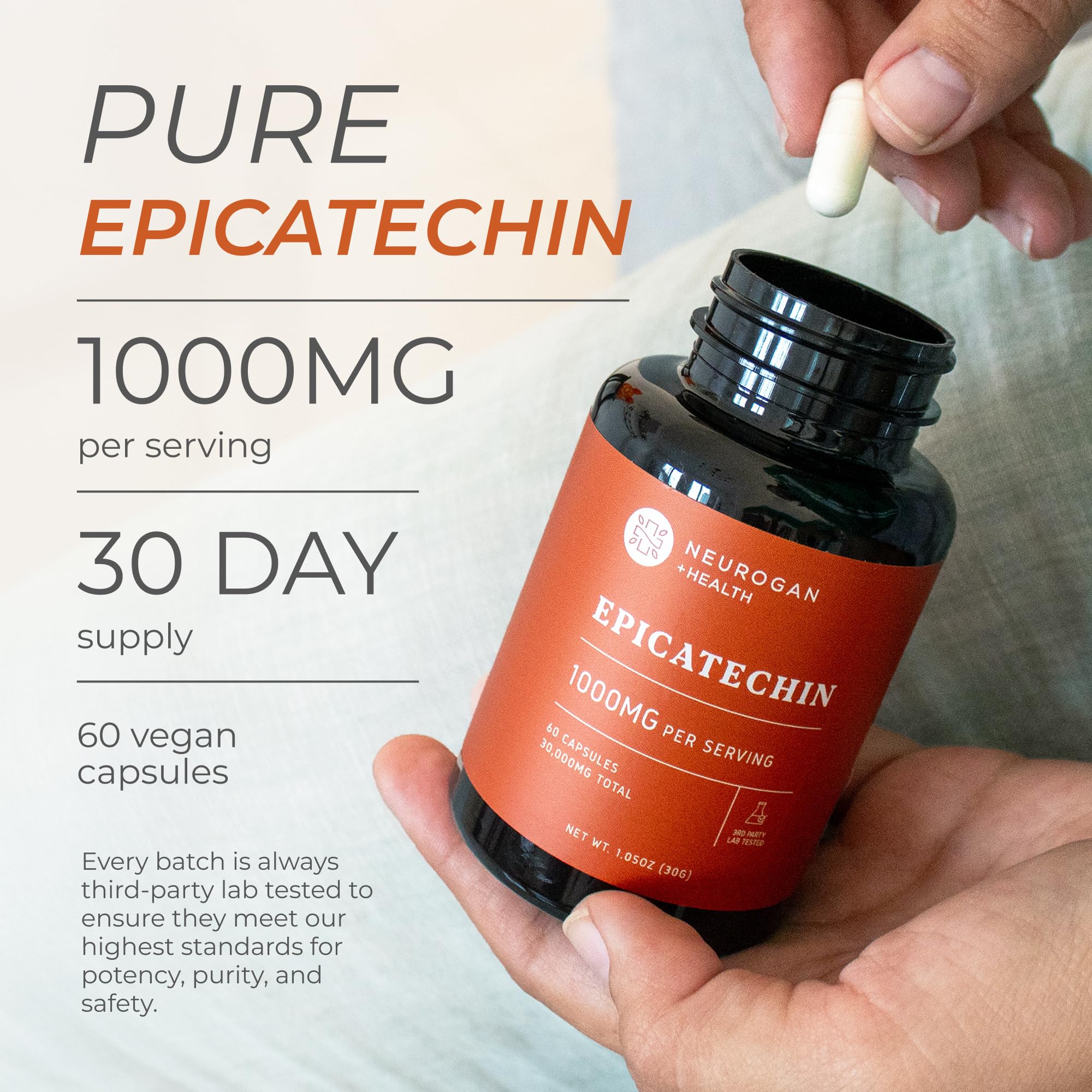 Epicatechin capsules on white background illustrating daily dose