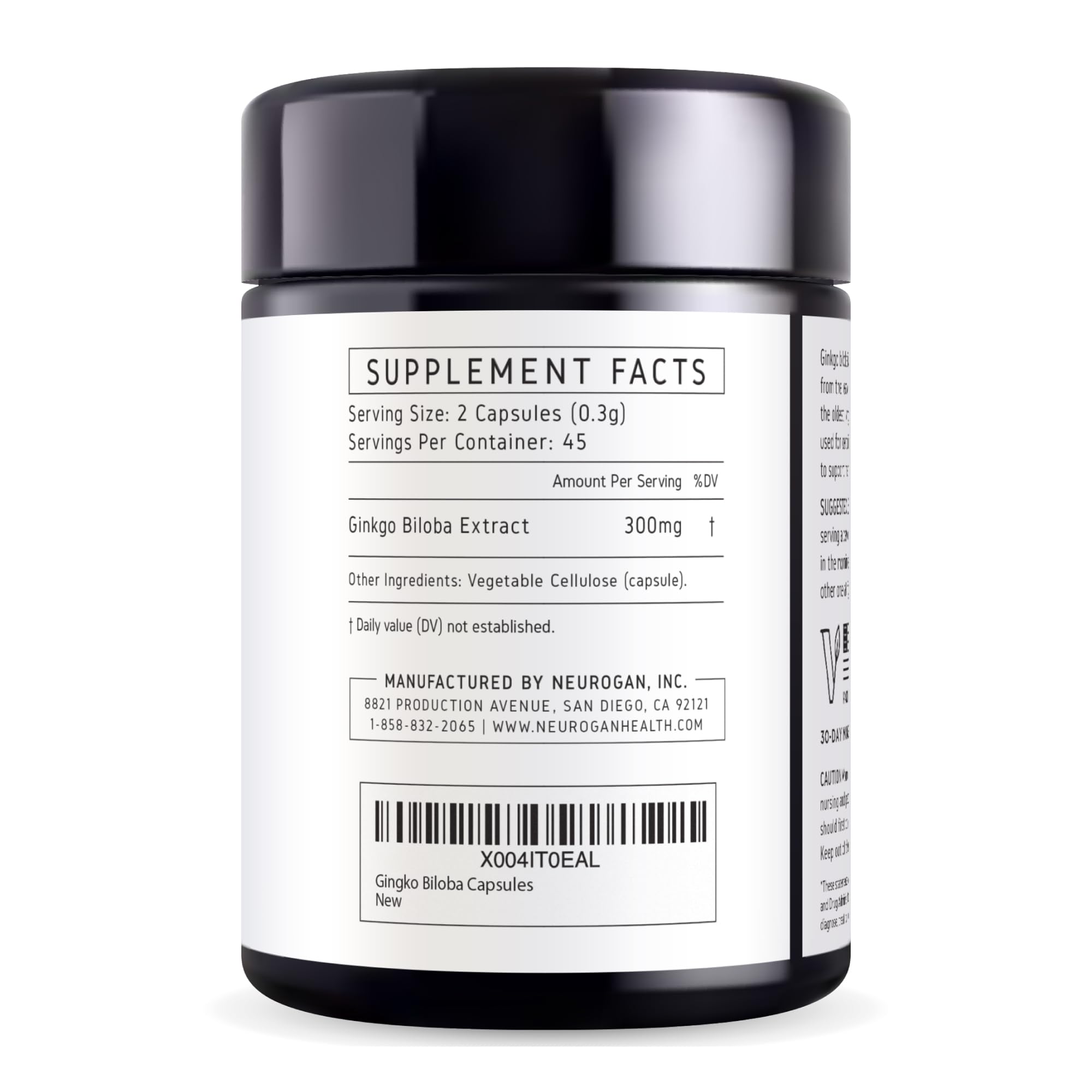 Neurogan ginkgo biloba capsules packaging front highlights vegan formulation.