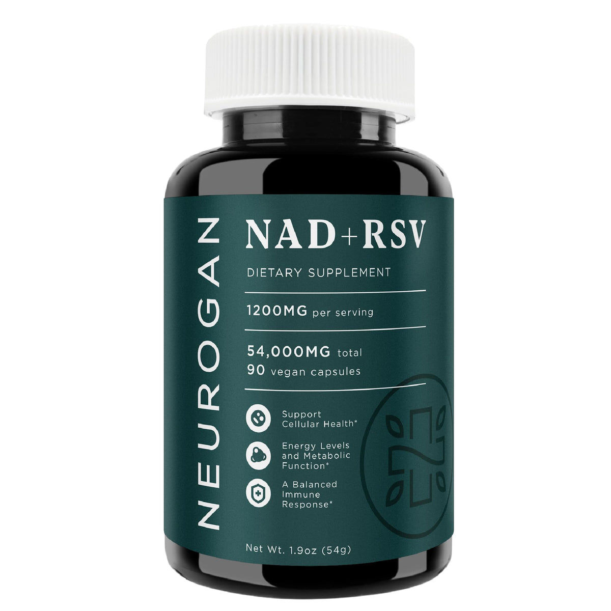Neurogan NAD+ Resveratrol bottle front showing dual-action formula for daily balance.