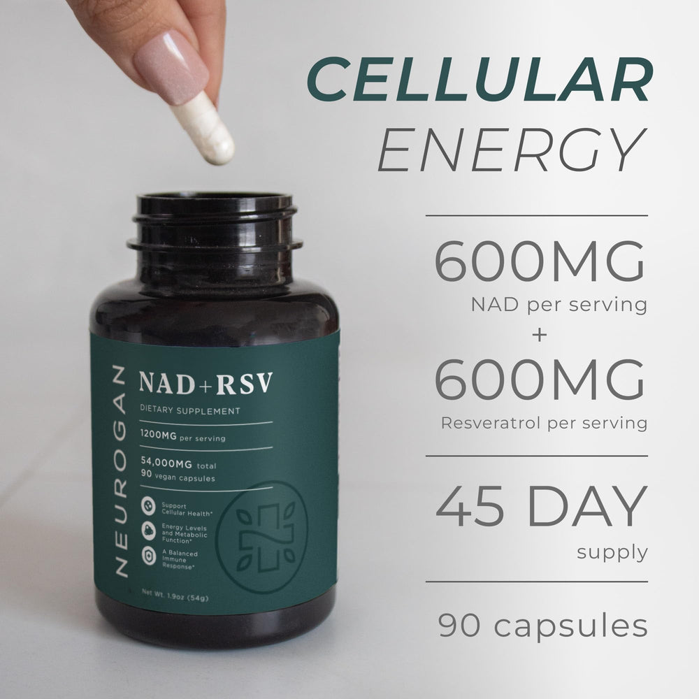 Close-up of Neurogan NAD+ Resveratrol capsules revealing vegan ingredients.