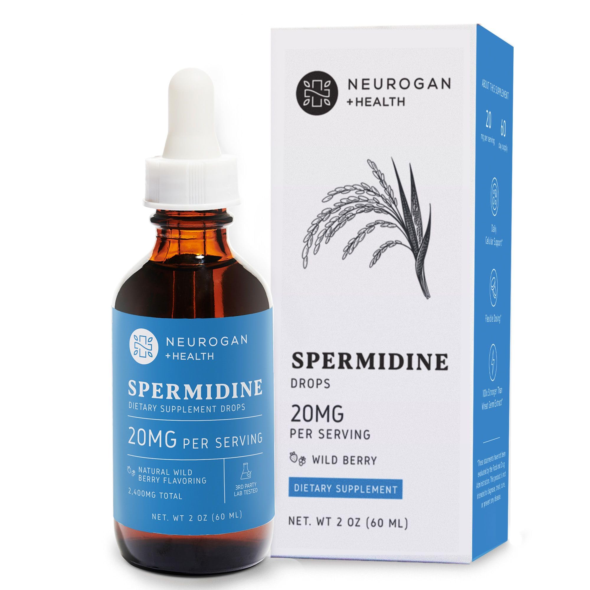 Neurogan spermidine bottle pour illustrating high-potency drops for daily cellular support.