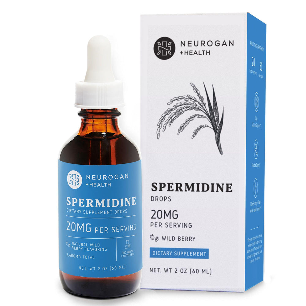 Neurogan spermidine bottle pour illustrating high-potency drops for daily cellular support.