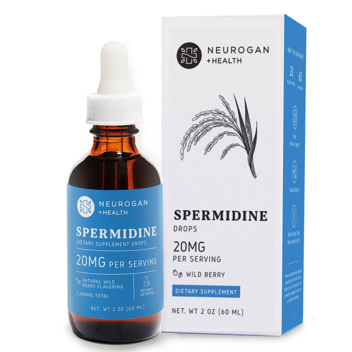 Neurogan spermidine bottle pour illustrating high-potency drops for daily cellular support.
