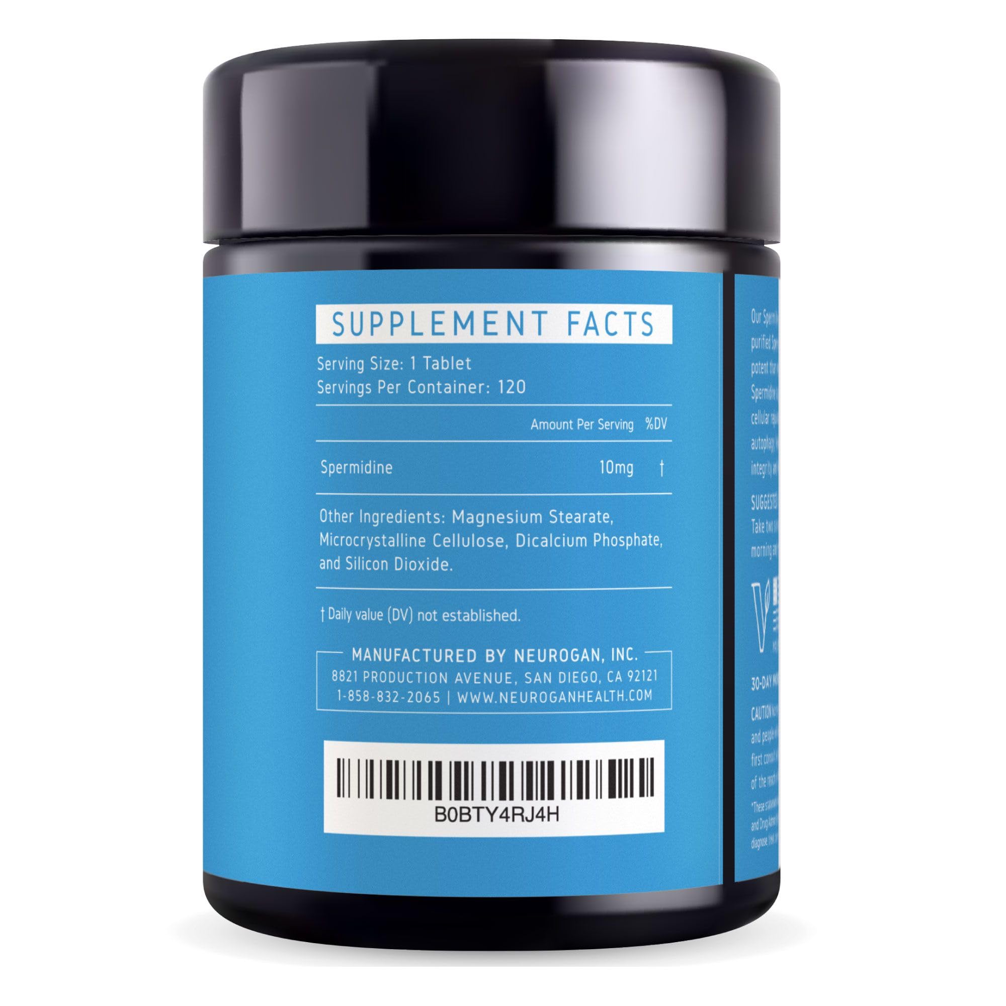 Close-up of Neurogan Spermidine label emphasizing high purity and 120 servings.
