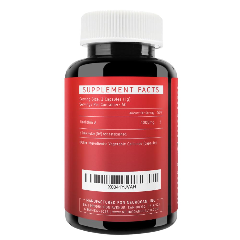 Close-up of Neurogan Urolithin A PRO capsules showing ultra-micronized formula.