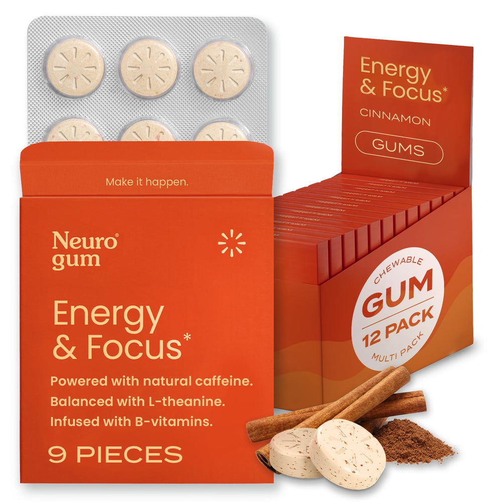 NeuroGum Energy & Focus Cinnamon 12-pack front view for quick daily focus