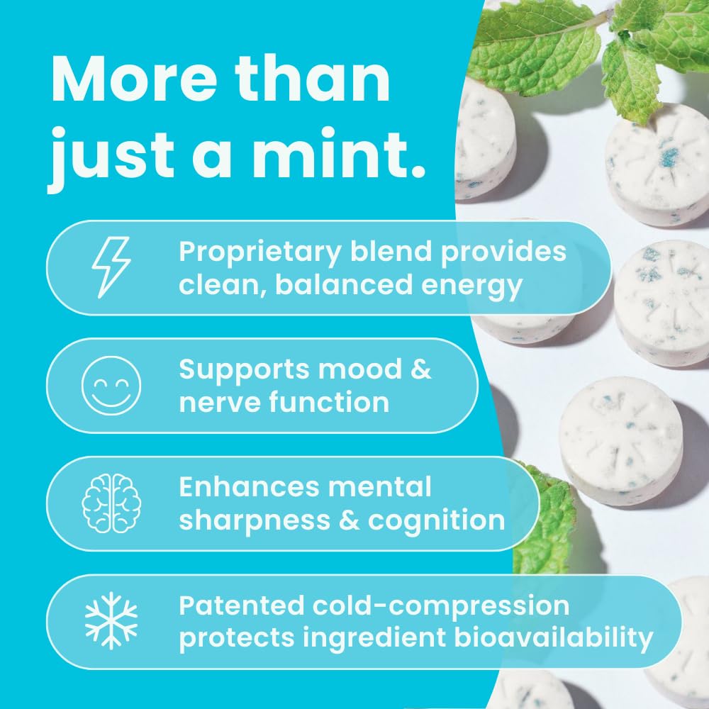 NeuroGum Energy Mints pack back highlights L-theanine and B vitamins for clarity.