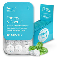 NeuroGum Energy Mints pack front shows a pocket-friendly caffeine boost for on-the-go focus.