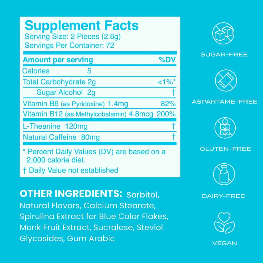 NeuroGum Energy Mints label highlights caffeine, L-theanine, and vitamins for daily use.