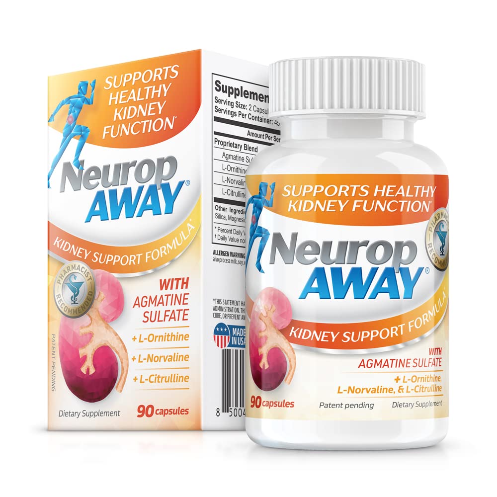 NeuropAWAY kidney support bottle front shows sugar-free daily formula.
