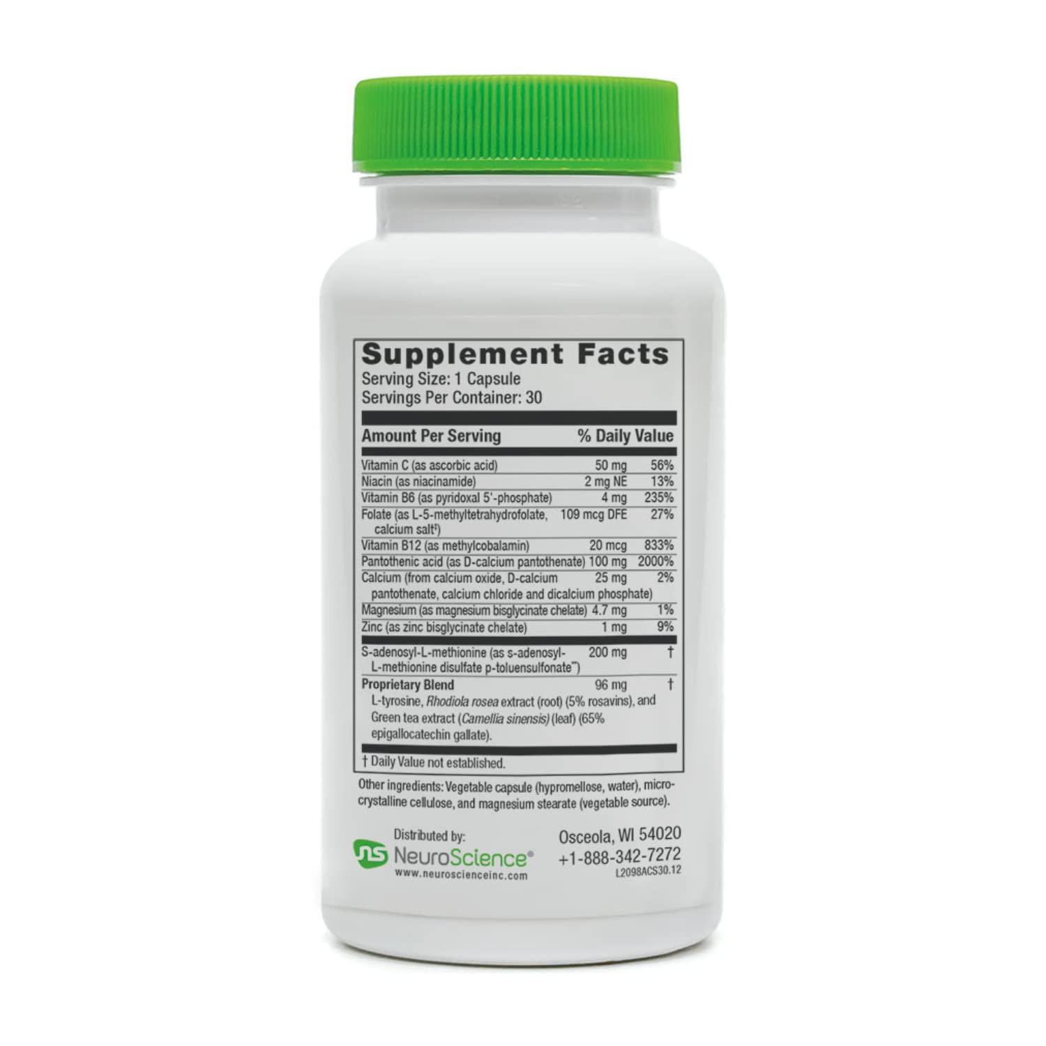 NeuroScience AdreCor ingredients panel showing B vitamins and L-tyrosine for adrenal support.