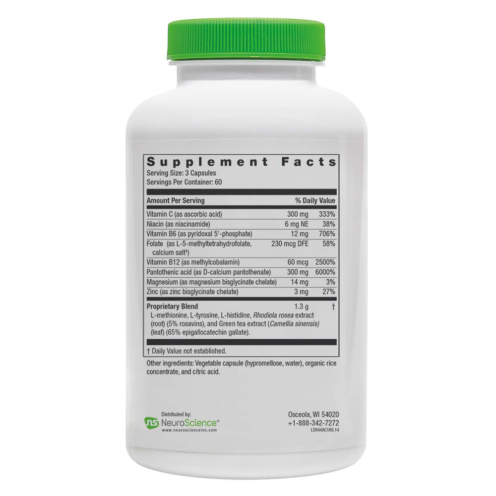 NeuroScience AdreCor label close-up highlighting Rhodiola and B vitamins blend.