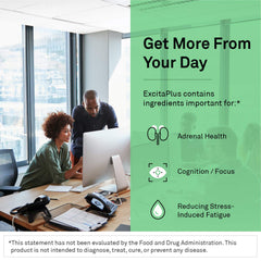 NeuroScience ExcitaPlus capsules closeup highlighting potent L-Tyrosine and Rhodiola for focus.