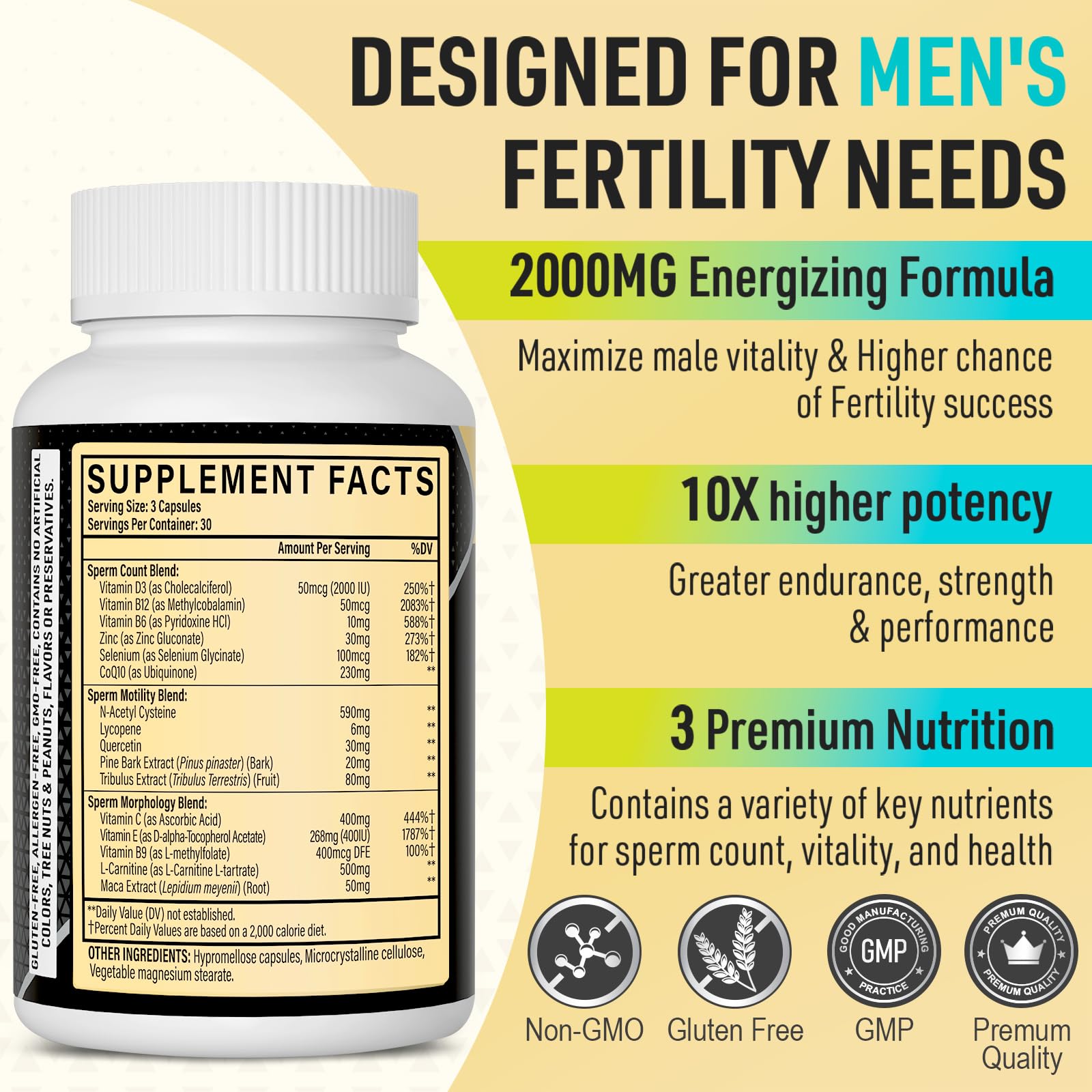 Neusupp fertility multivitamin daily use: easy-to-swallow capsules supporting overall male reproductive health.