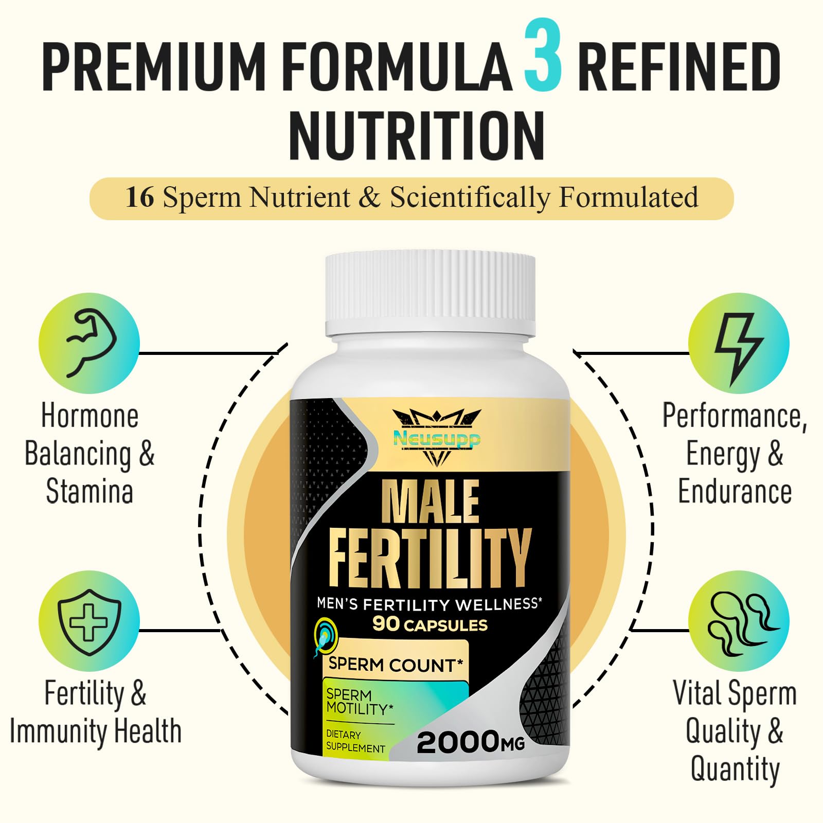 Neusupp male fertility packaging front: clearly labeled vitamins designed for preconception wellness.