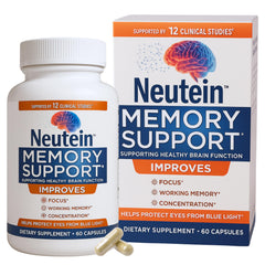 Neutein bottle front view highlighting plant-based brain boost for memory and focus.