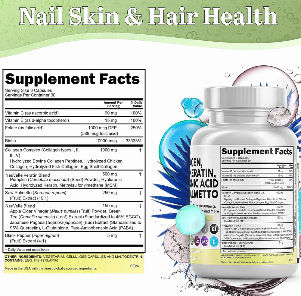 NeuVelleNutrition collagen pills biotin-keratin-hyaluronic-acid bottle close-up for hair and skin