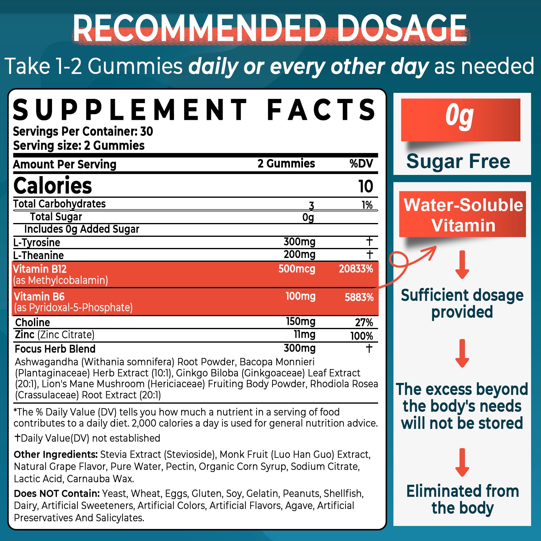 NEVISS 11-in-1 Brain Gummies bottle closeup shows clean ingredients for calm focus.