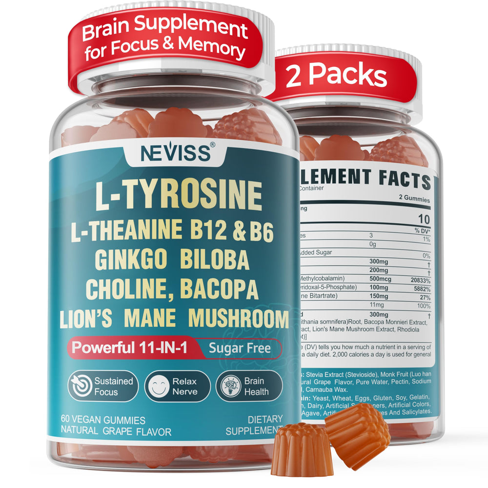 NEVISS 11-in-1 Brain Gummies bottle pour for quick focus and balanced energy.
