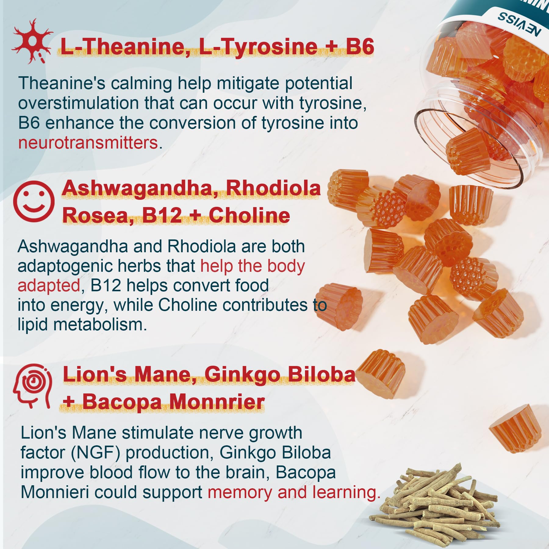 NEVISS 11-in-1 Brain Gummies gummy closeup highlights chewy texture and pleasant taste.