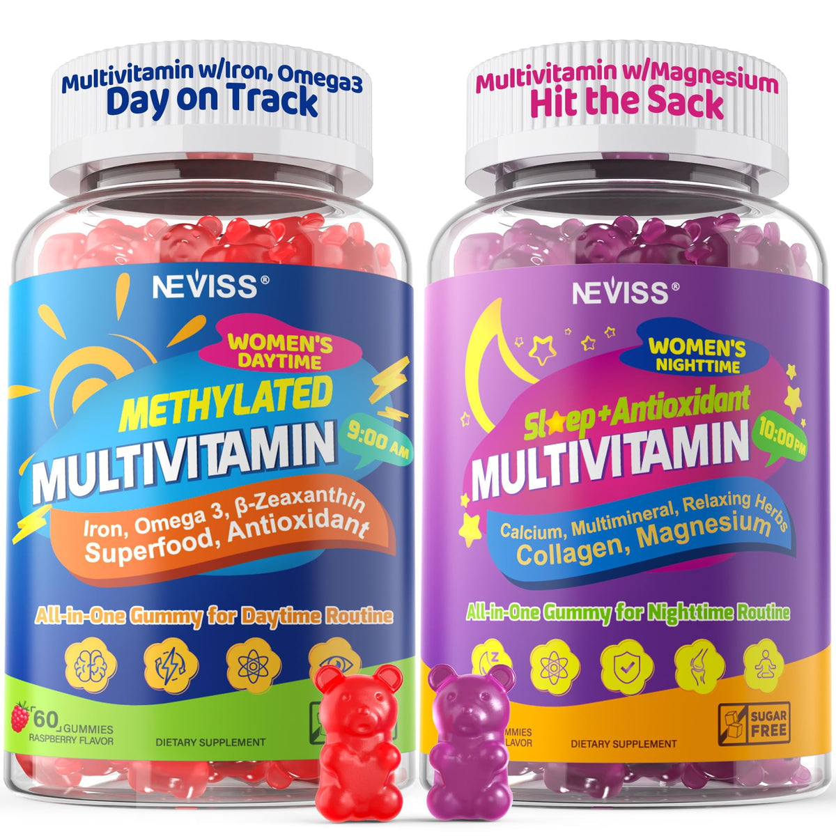 NEVISS 52-in-1 women’s multivitamin gummies bottle pour for daily use