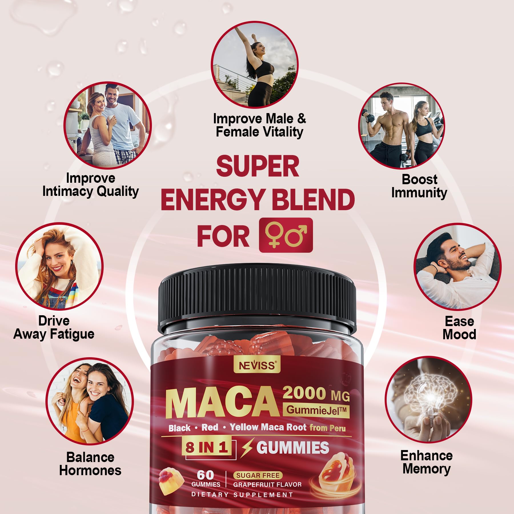NEVISS gummies label features ashwagandha, ginseng, and zinc for balanced support