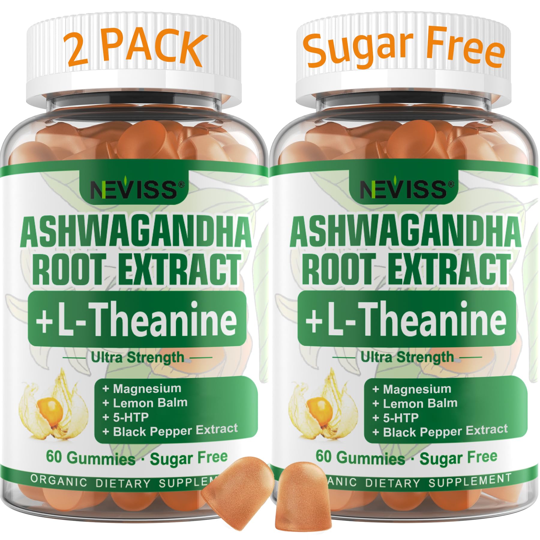 NEVISS Ashwagandha Gummies bottle pour offering calm support for daily routines.