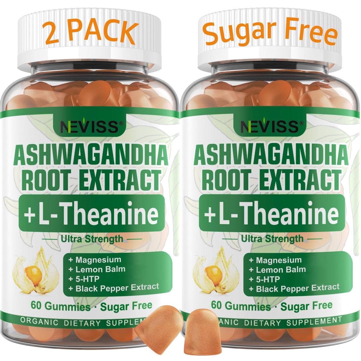NEVISS Ashwagandha Gummies bottle pour offering calm support for daily routines.