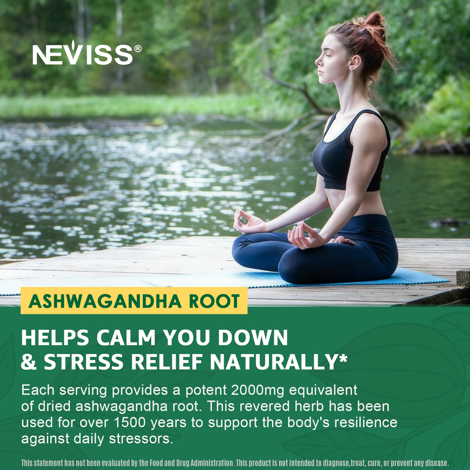 NEVISS Ashwagandha Gummies ingredients panel featuring L-Theanine, 5-HTP, lemon balm.