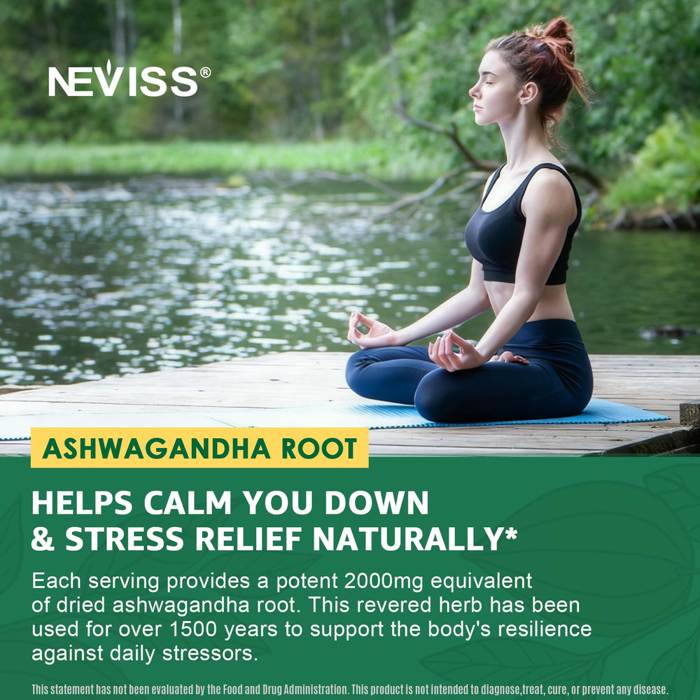 NEVISS Ashwagandha Gummies ingredients panel featuring L-Theanine, 5-HTP, lemon balm.