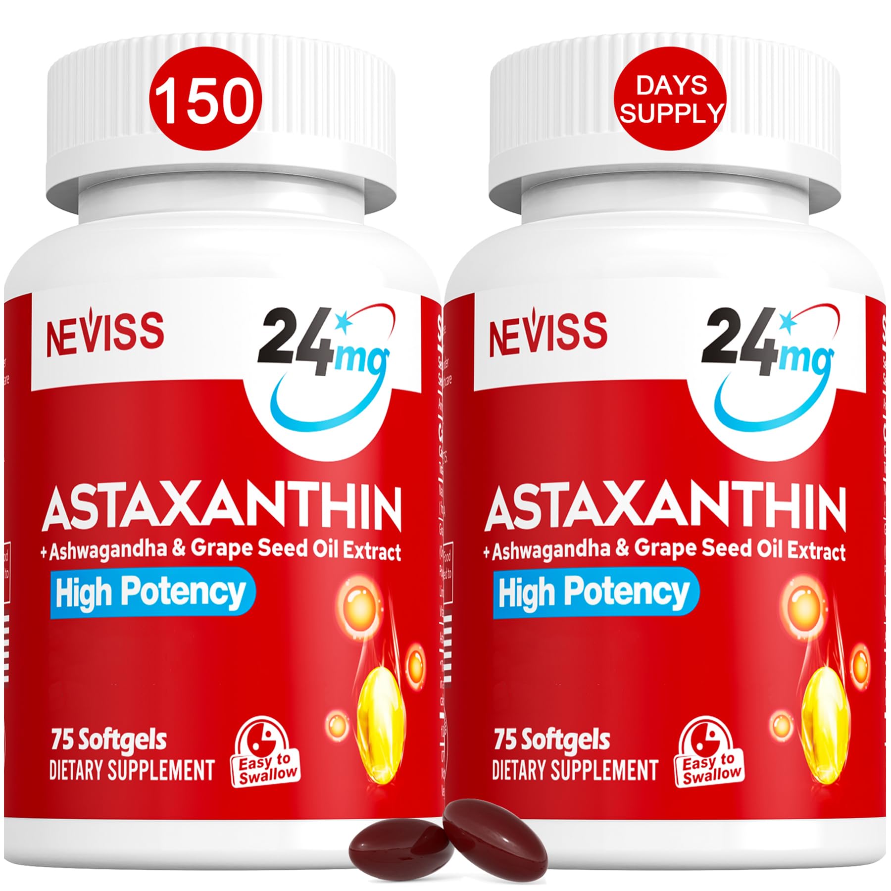NEVISS Astaxanthin bottle with softgels for skin and eye support.