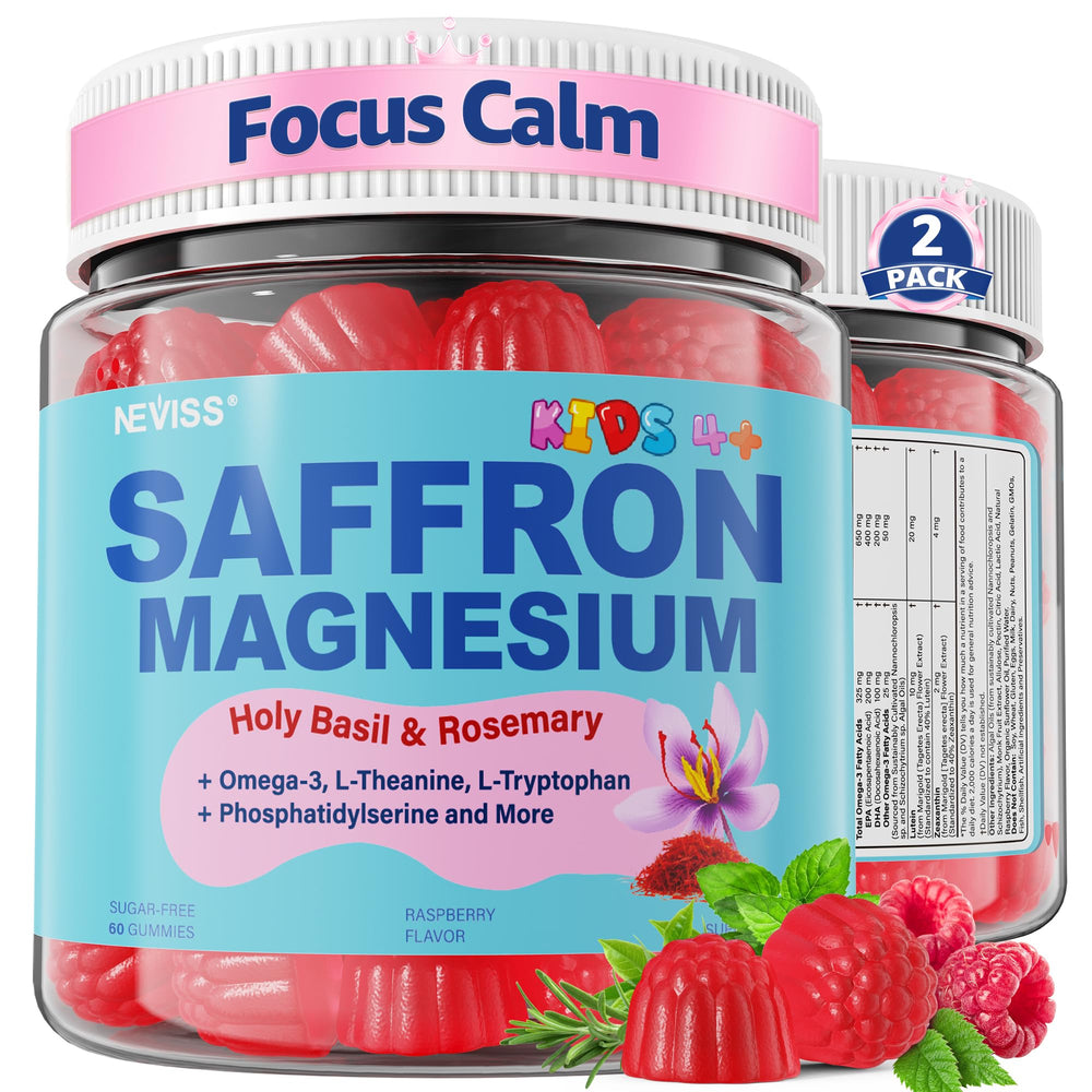 NEVISS Calm Focus Gummies bottle promotes calm mood for kids during homework.