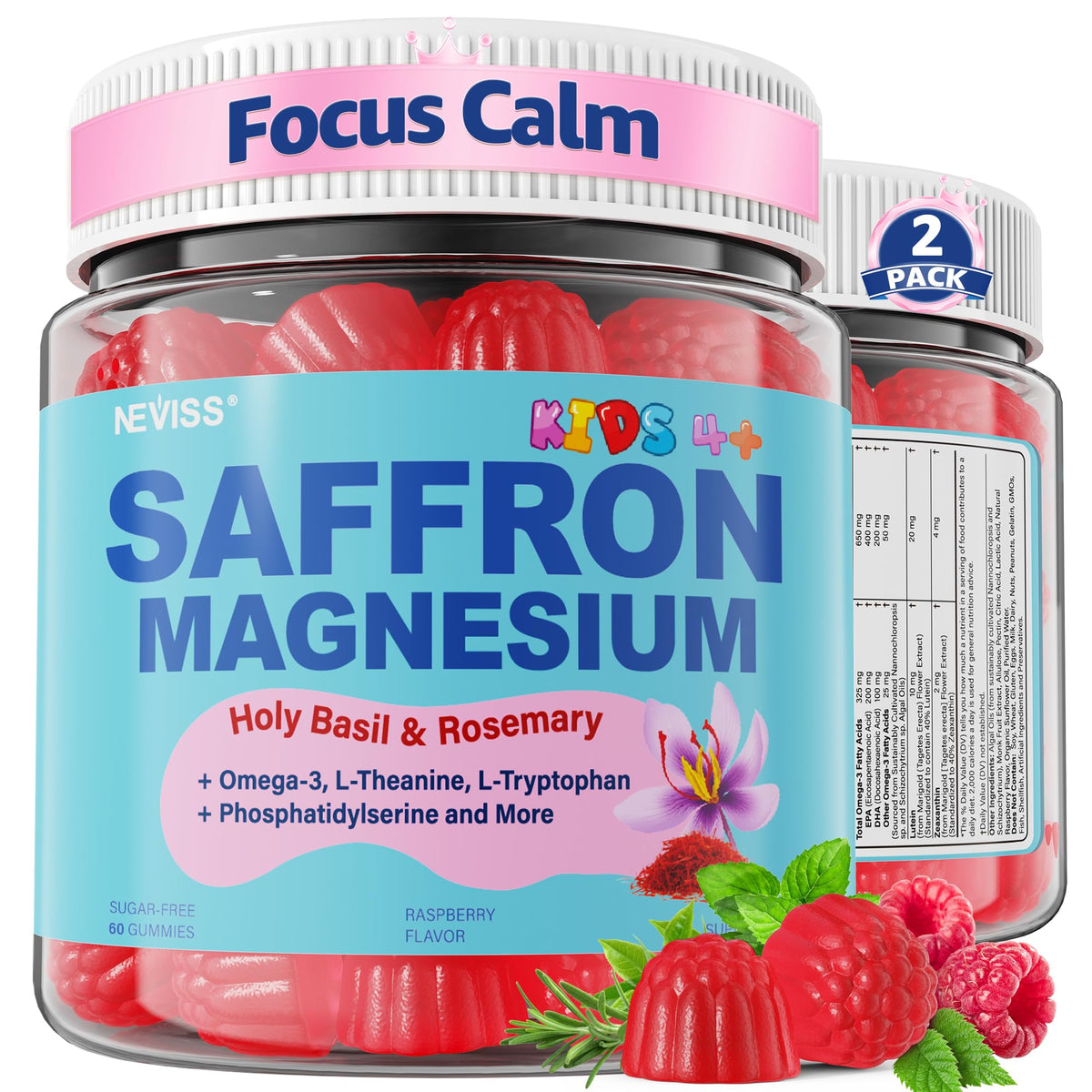 NEVISS Calm Focus Gummies bottle promotes calm mood for kids during homework.