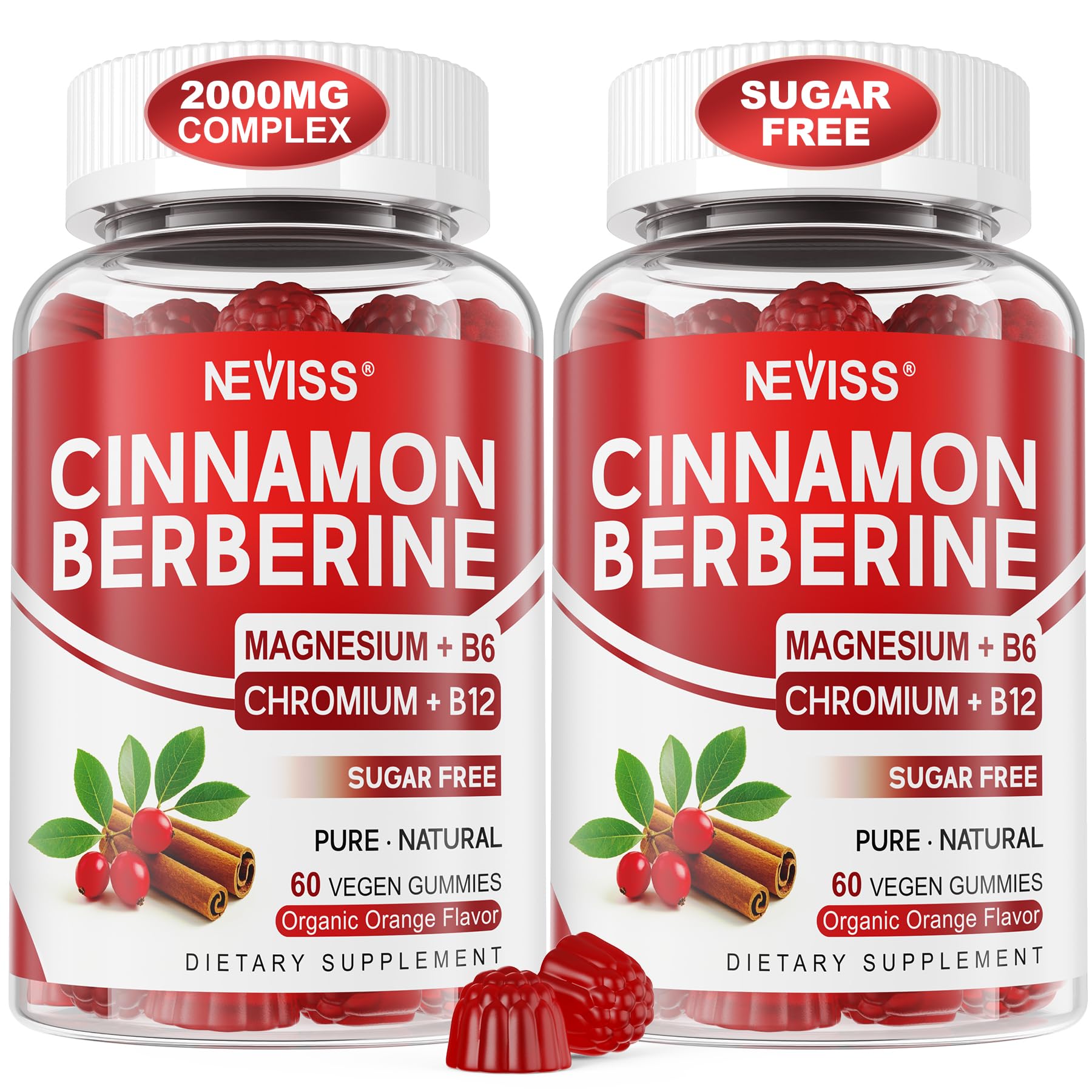 NEVISS Ceylon Cinnamon Berberine Gummies bottle with sugar-free orange flavor for daily wellness