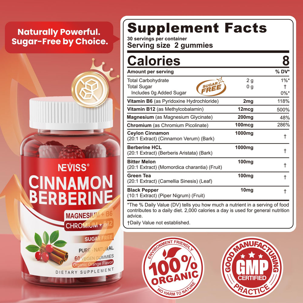 NEVISS Ceylon Cinnamon Berberine Gummies pack showing convenient daily supplement