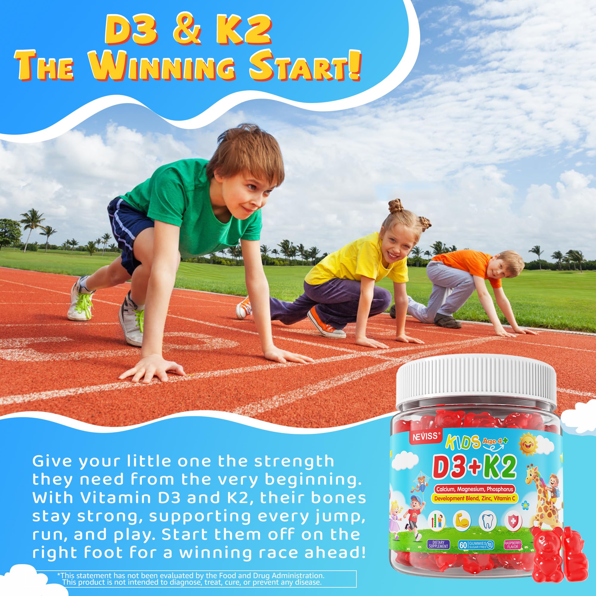 Chewing NEVISS D3 K2 Kids Gummies makes daily nutrition kid-friendly.
