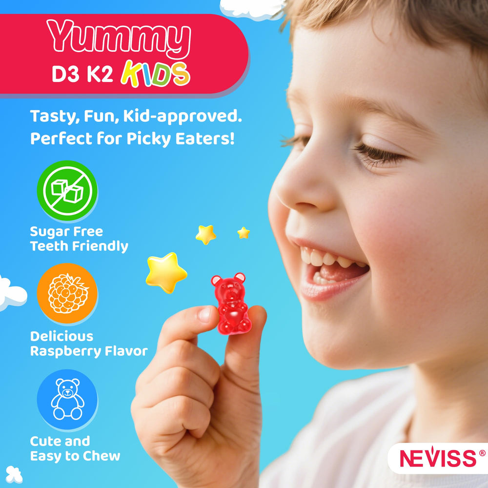 NEVISS D3 K2 Kids Gummies packaging designed for family use and storage.