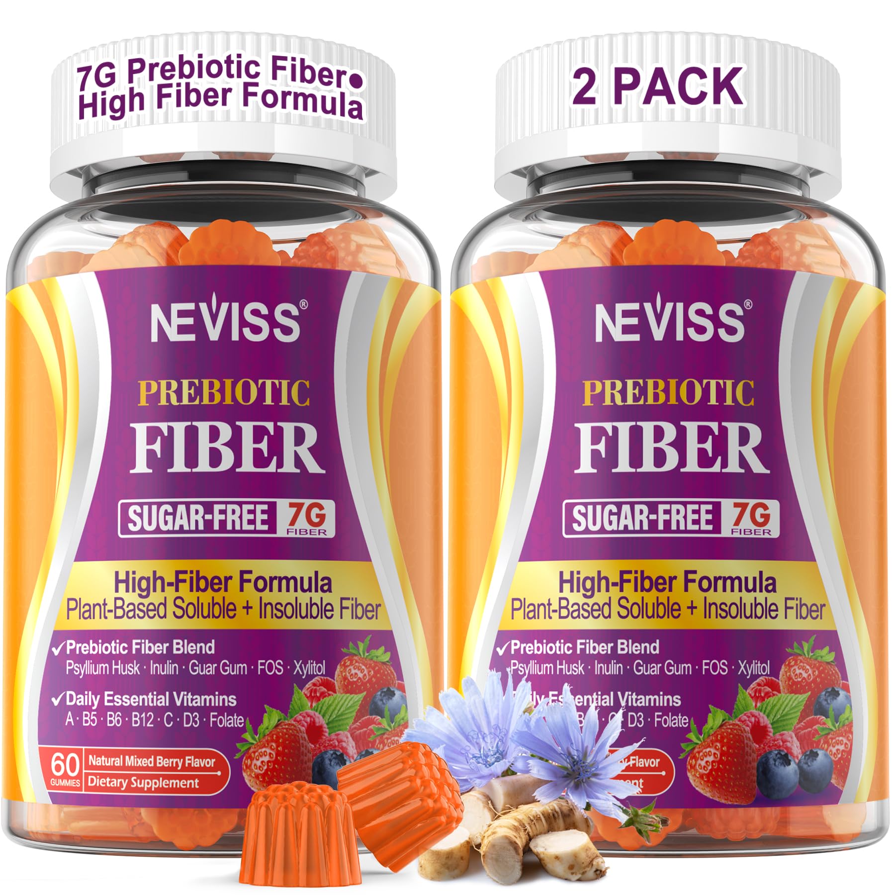 NEVISS Fiber Gummies bottle with psyllium husk for daily gut support.