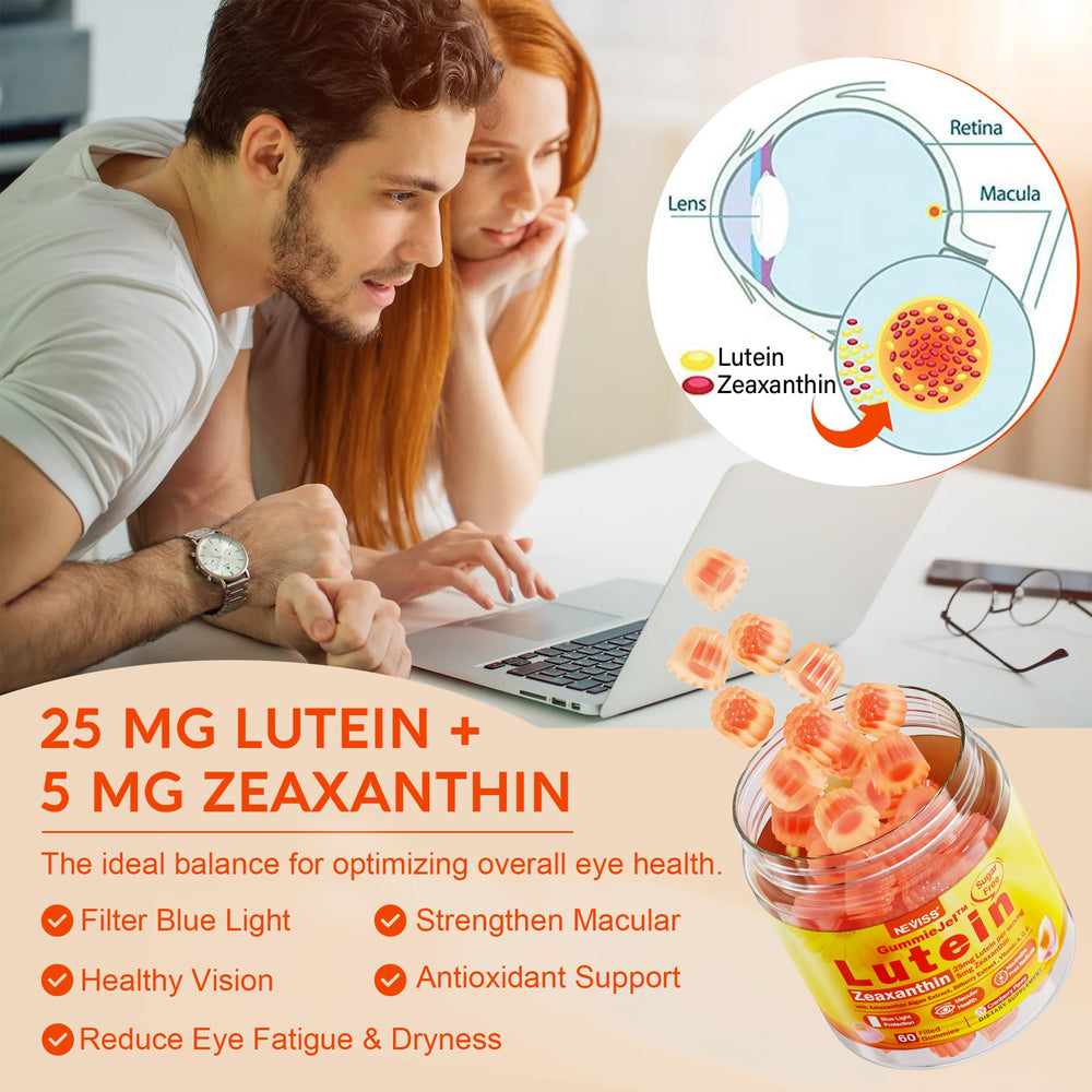 NEVISS golden 5-1 lutein zeaxanthin ratio on packaging graphics.
