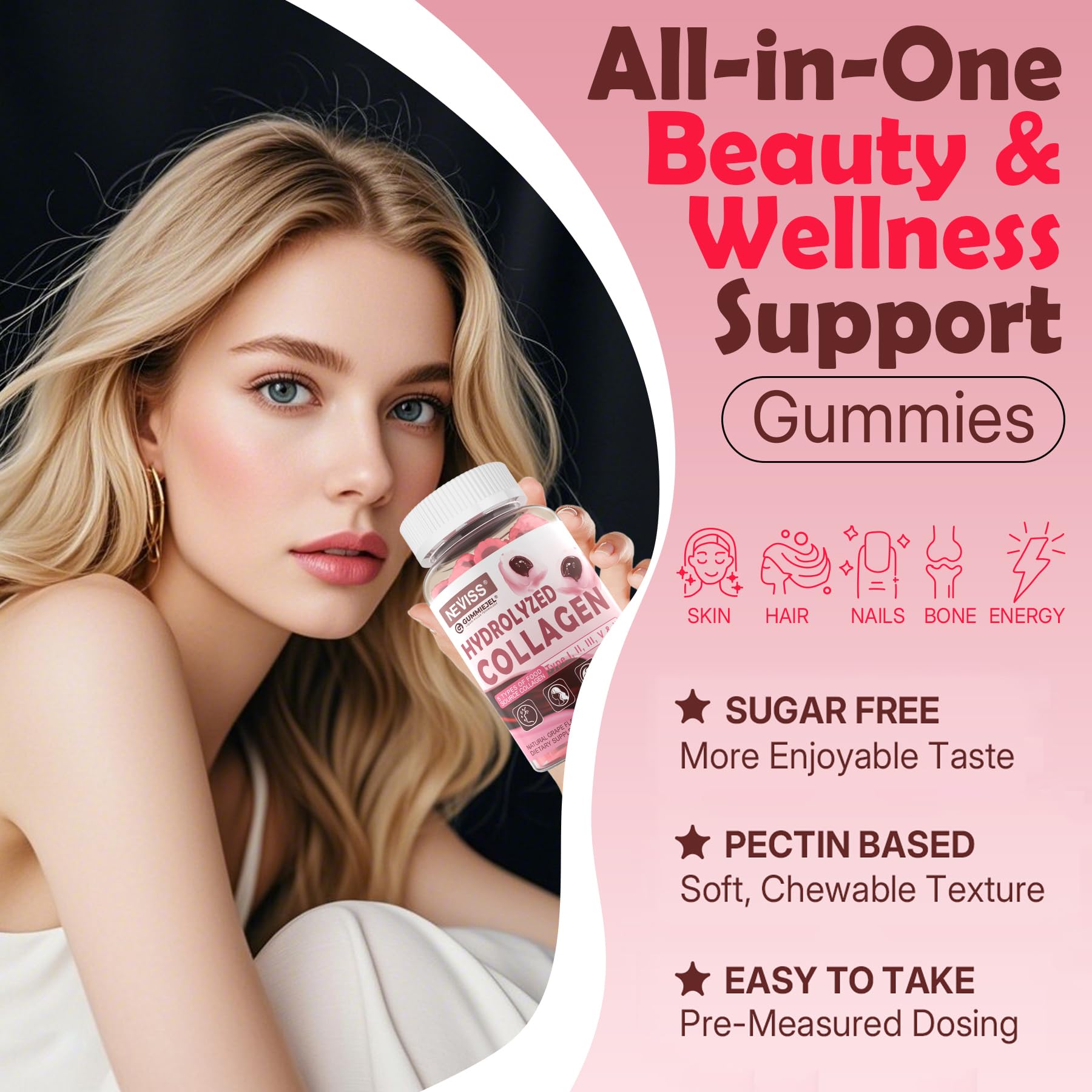NEVISS Hydrolyzed Collagen Gummies Vitamin D3 bottle highlights added support