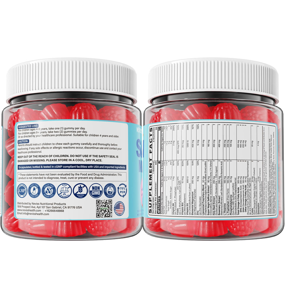 NEVISS gummy plate with kids enjoying snack-friendly mood support.