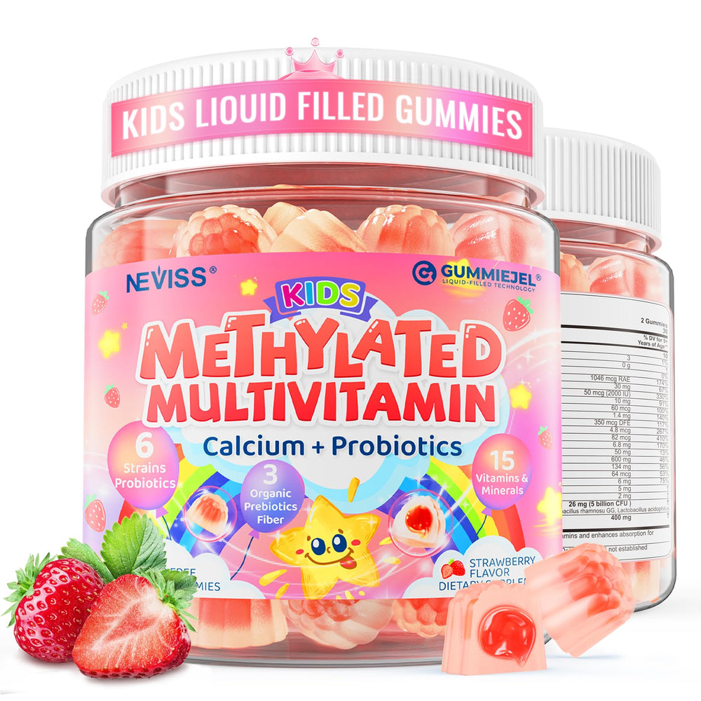 Neviss Kids Multivitamin bottle front shows strawberry flavor for daily immune and growth support.