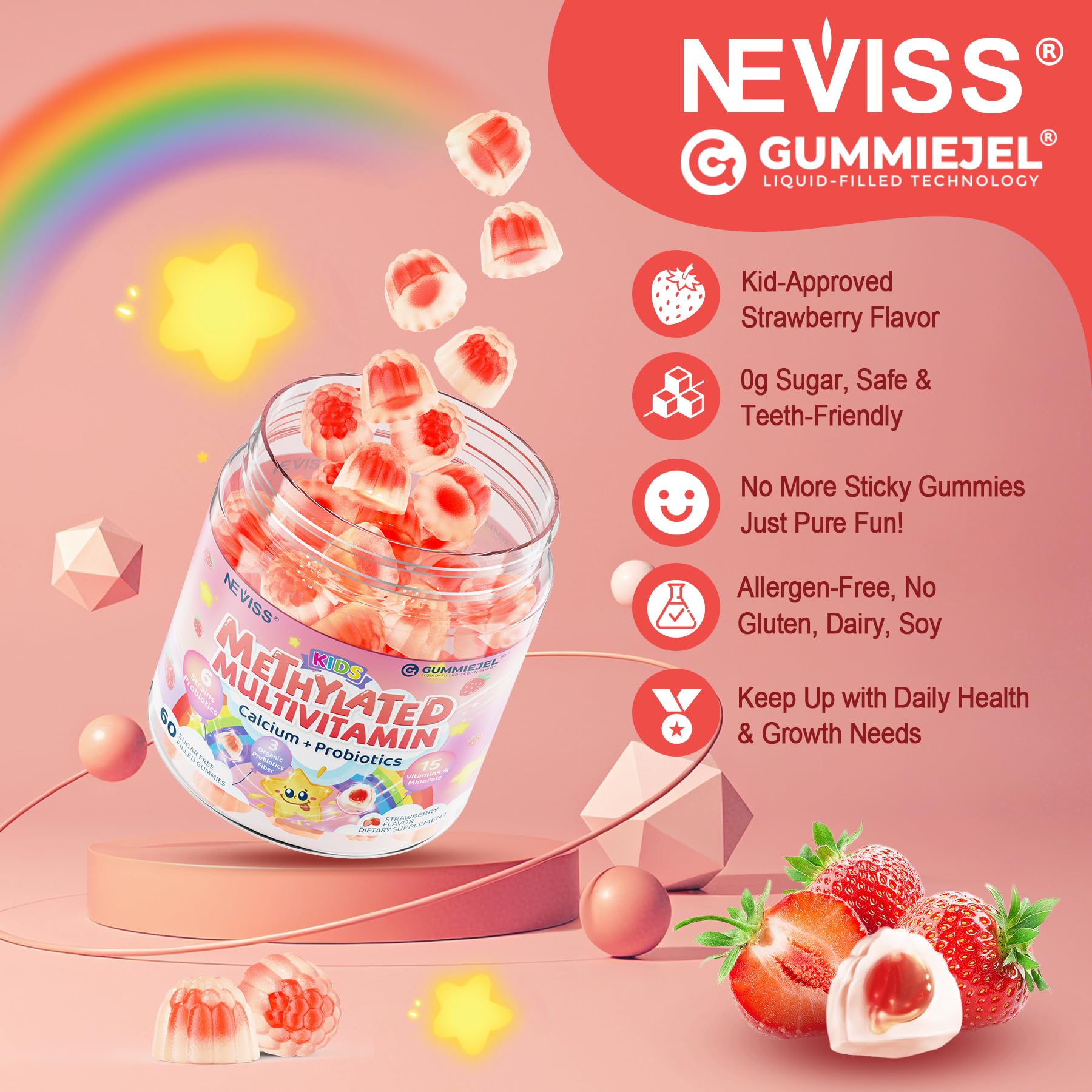 Neviss clean label badge highlighting sugar-free and GMO-free attributes.