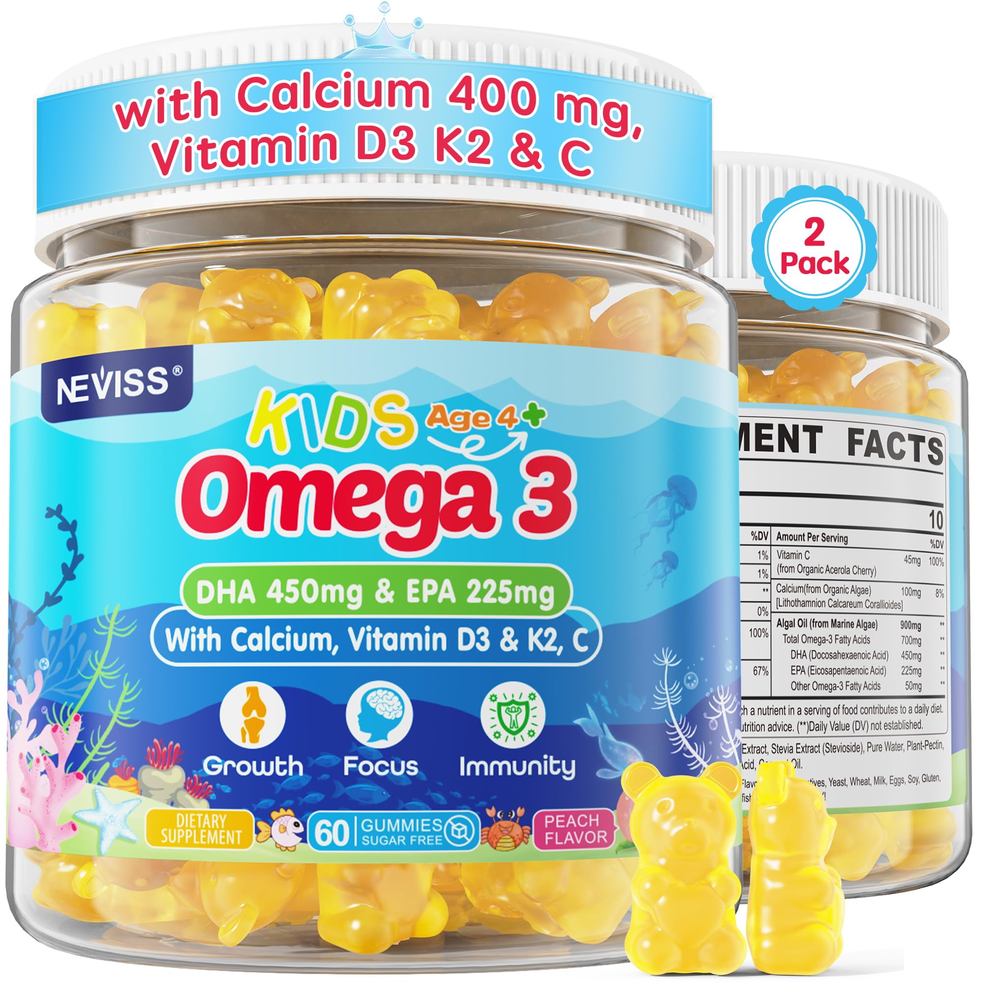NEVISS Kids Omega-3 Gummies bottle emphasizes easy, kid-friendly daily intake.