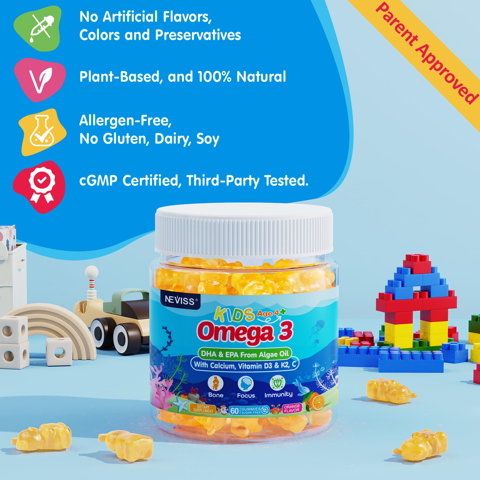 NEVISS Kids Omega-3 Gummies packaging back reveals ingredients and allergen info.